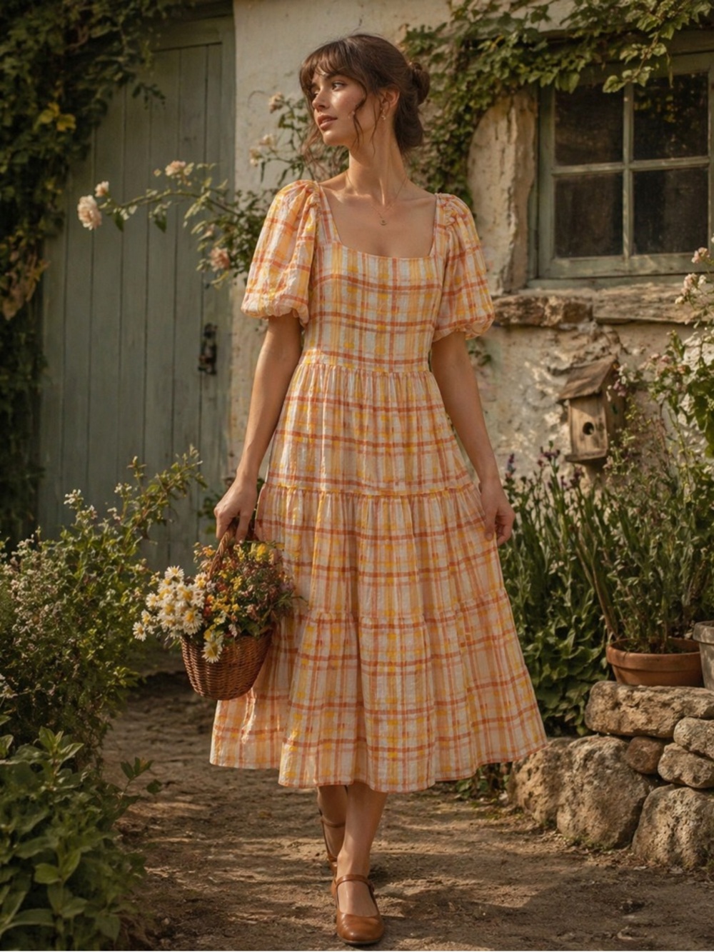 ASTR The Label Ilana Plaid Puff Sleeve Midi Dress